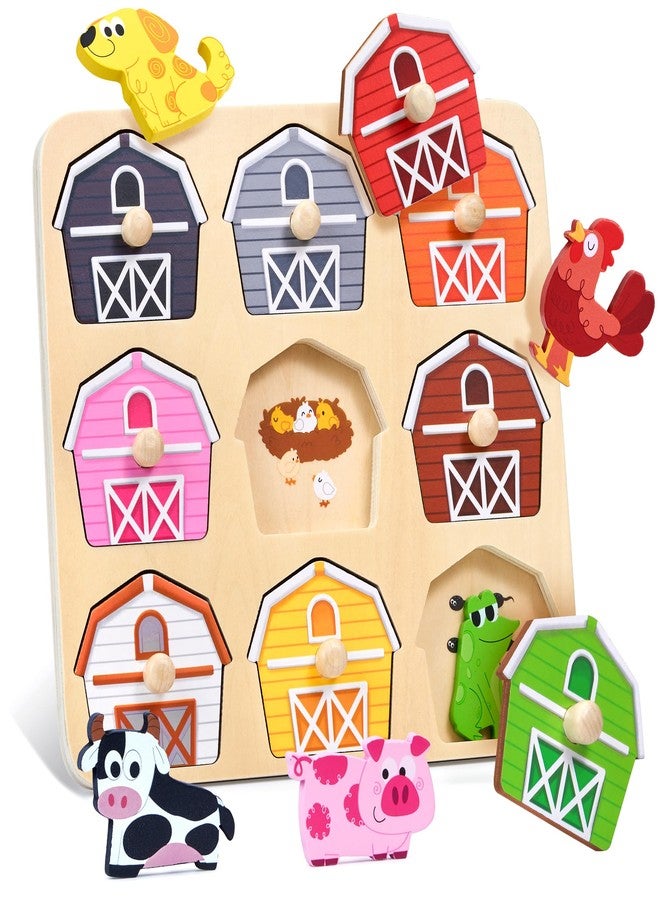 JoyCat Wooden Puzzles for Toddlers 1-3, Montessori Toys for 1 2 Year Old Boy Girl Birthday Easter Gifts, Animal Match Farm Peg Puzzles, Preschool Learning Toys for Toddlers Age 1-2 - Image 1